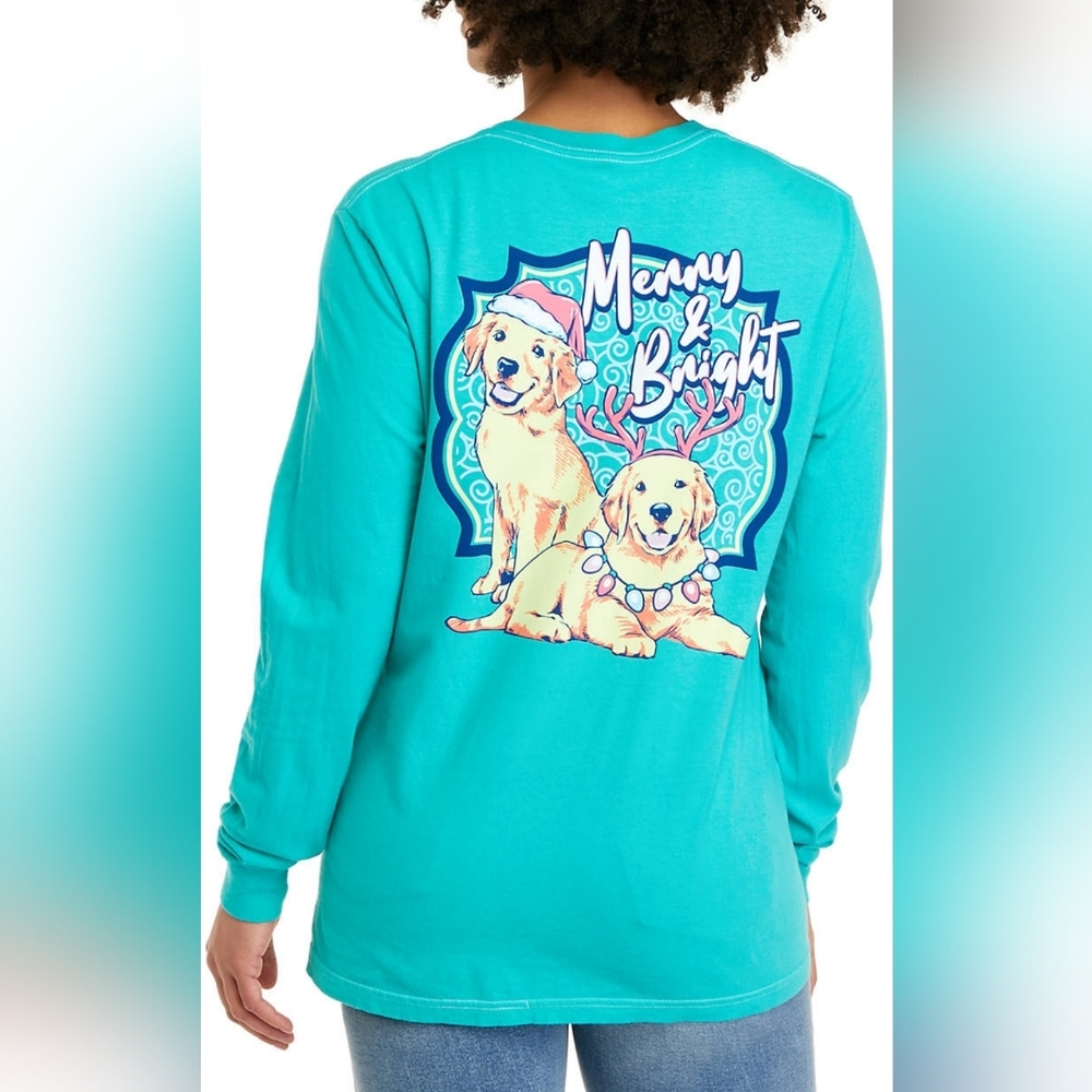 Benny&Bella Junior's Merry and Bright Dogs LS Cotton Tee, S Seafoam, NWT